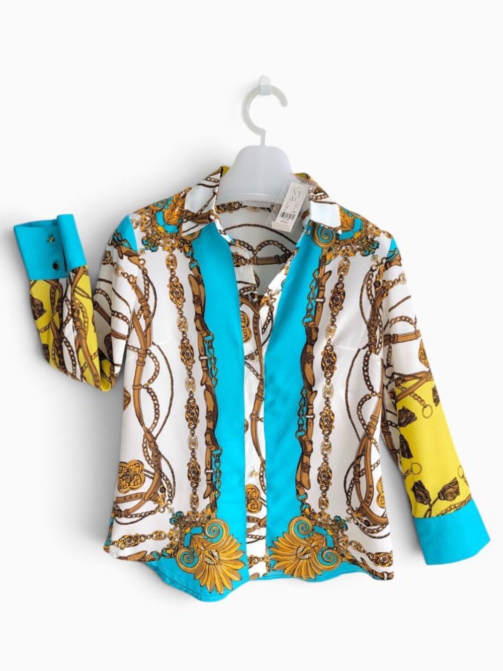 NY&C Chain Print Blouse XS Turquoise Baroque Equestrian Mob Wife Maximalist